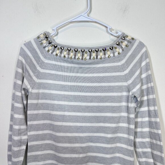 C Wonder Sweater XXS Womens Grey Cream‎ Jewel Boat Neck Striped Pullover - Picture 4 of 9